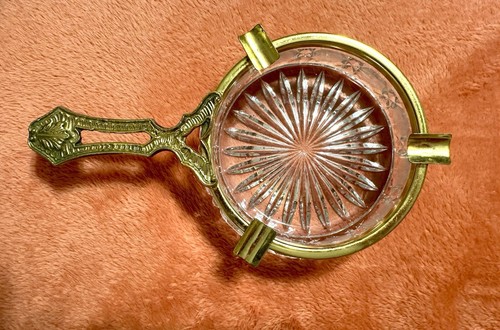 Vintage Glass Ashtray with gold tone work Handle - Picture 2 of 11