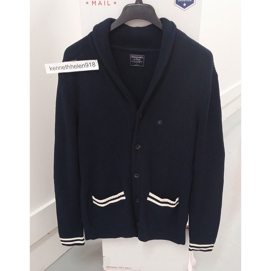 ABERCROMBIE & FITCH VARSITY SHAWL CARDIGAN SWEATER NAVY BLUE MENS