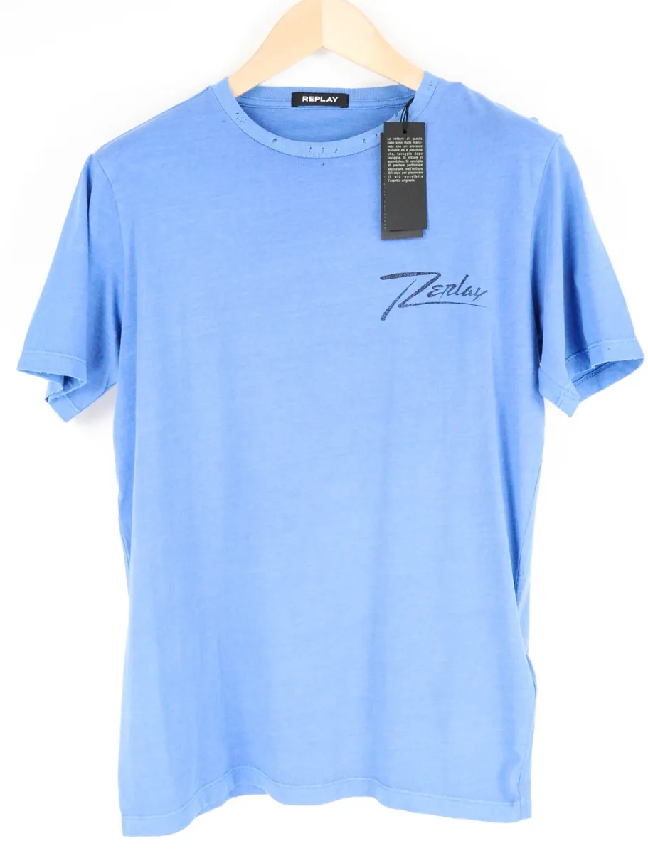 REPLAY Men Short Round eBay Logo Neck Sleeve T-Shirt M | Blue Pure Cotton Pullover