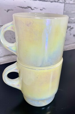 2 Fire-King Ware Aurora Moonglow Iridescent Opalescent Stackable C Handle Mugs