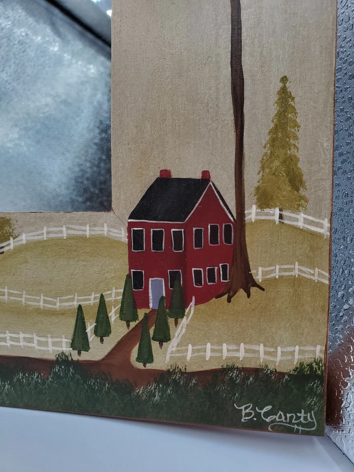 Espejo colgante enmarcado colonial escena campestre pintado a mano 10 x 10 por B. Canty  Foto 4 de 4