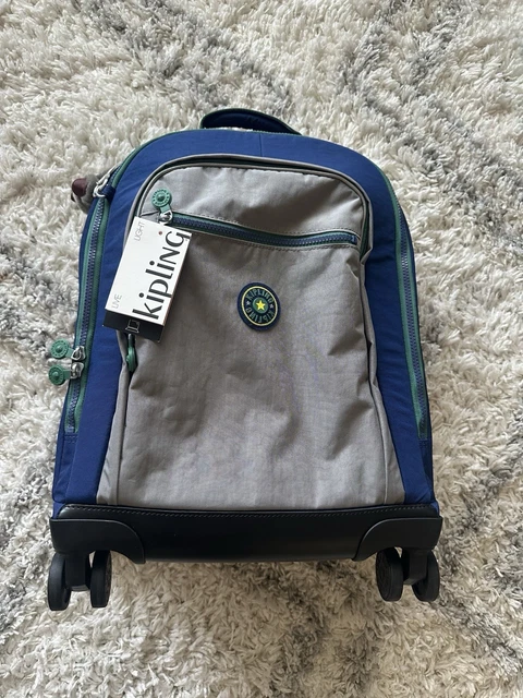 Kipling New Zea Blue Gray Kids Rolling Backpack Polyester Monkey Keychain