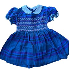 Vintage Nannette Girls Plaid Smocked Praire Dress Appliqu Flowers 12-18 Mo