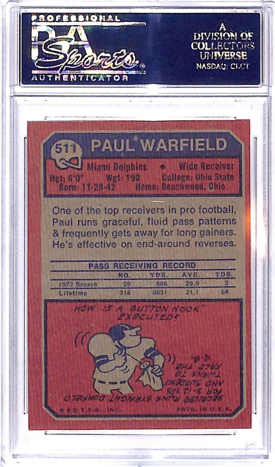 1973 Topps #511 Paul Warfield Miami Dolphins Football Card PSA 9 MINT ID:45153 - Image 2 of 2