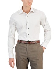 Alfani Slim-Fit Temperature Regulating Dress Shirt Men M 15-15.5 32/33 Tan White
