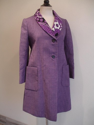 Women's S M 1980's Geoffrey Beene Coat Black Purple Plaid Paisley Shawl Collar - Picture 1 of 18