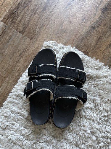 Dr. Marten Myles Suede Fur-lined Buckle Slide Sandals