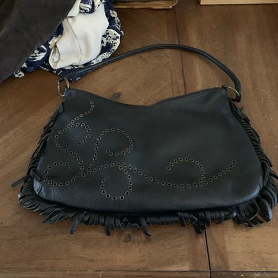 Berge Black Leather Shoulder Bag Fringe Floral Genuine Leather Made In  Italy