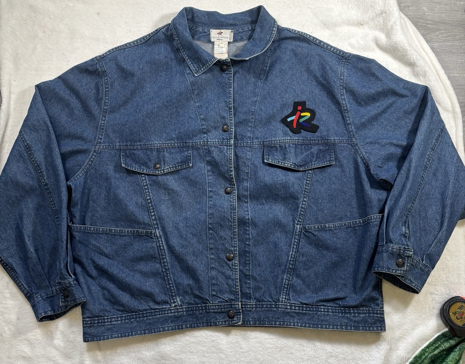 Sonia Rykiel, Giacca denim blu Sonia Rykiel con ricami colorati oversize vintage taglia L