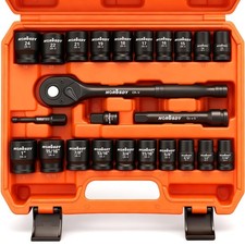 24-Piece 1/2" Drive Impact Socket Set, SAE & Metric, 6 Point, Cr-V, Ratchet & Ex