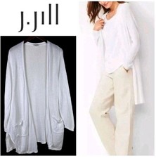 EUC J. JILL S Open Front Cardigan Sweater Tunic Duster Linen Blend Sheer White