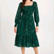 NINE WEST DRESS WOMEN XL GREEN PULLOVER LONG SLEEVE SMOCKED TOP SQUARE NECK