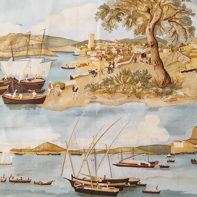 Rubelli Marechiaro Fabric Verde Laguna Scenic Harbor Print 100% Cotton Remnant