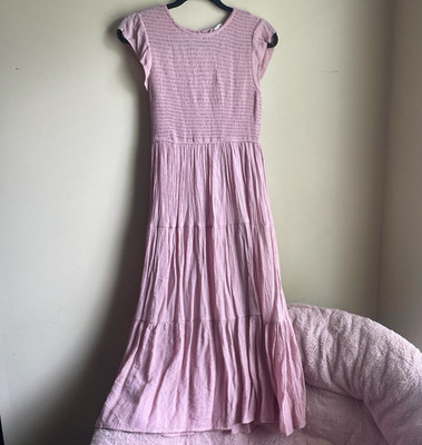 August Sky Pink Smocked Tiered Round Neck Cap Sleeve Maxi Dress S RDC2013-A