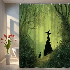 1pc Enchanted Forest Witch and Cat Shower Curtain – Mystical Green Décor