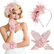 Fascinators Hats for Women and Tea Party Gloves Set, One Size Nude Pink