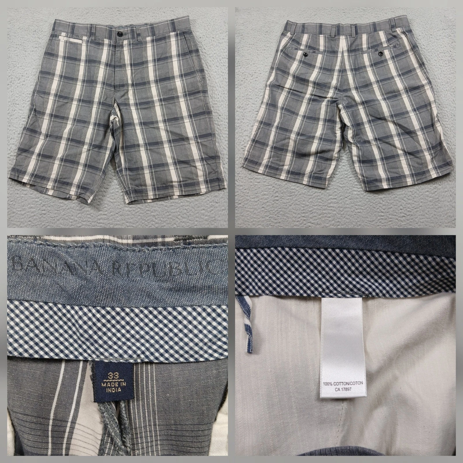Banana Republic Plaid Shorts Mens 33 Gray White Flat Front Casual