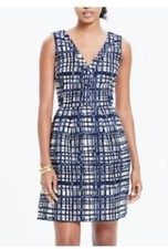 Madewell Midnight Dress Brushstroke Plaid Print Size 0 Fit and Flare V Neck Blue