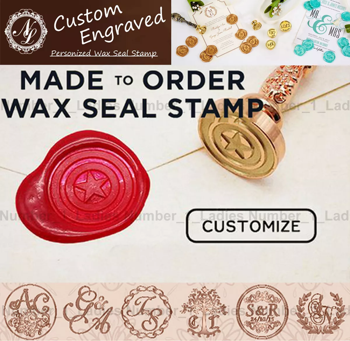 379-402 Custom Made Name Initial Wax Seal Stamp Wax Bead Wedding