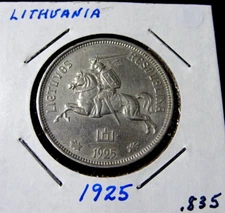 1925 Lithuania 5 Litai .835 Silver Coin KM#78