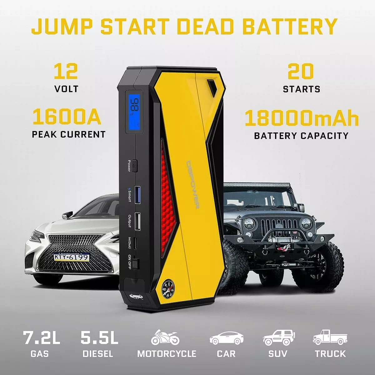 Dbpower 800a 18000mah portable online car jump starter