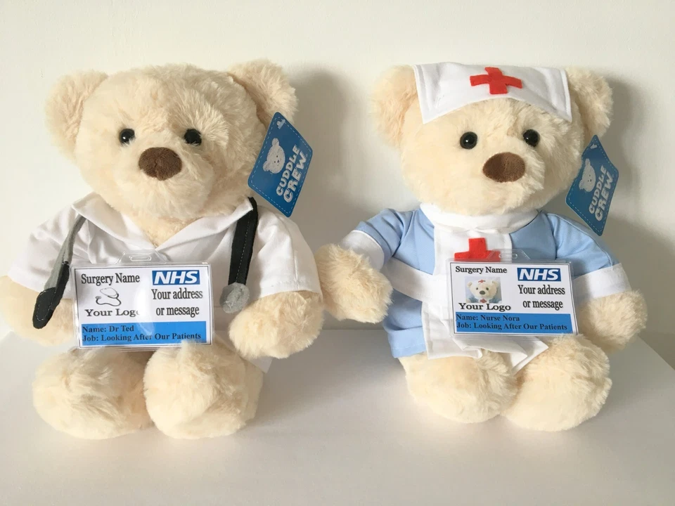 CUDDLE CREW DOCTOR or NURSE PERSONALISED TEDDY BEAR for your surgery the caring teddy bear