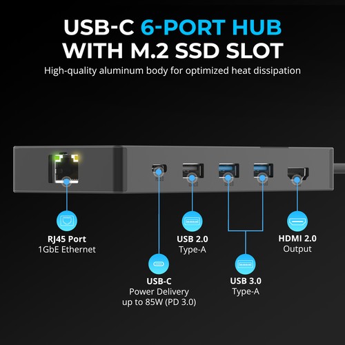 SABRENT USB-C Hub, 6-Port Dock with M.2 SSD Slot, 90W PD3.0, (HB-6PNV) - Picture 2 of 8