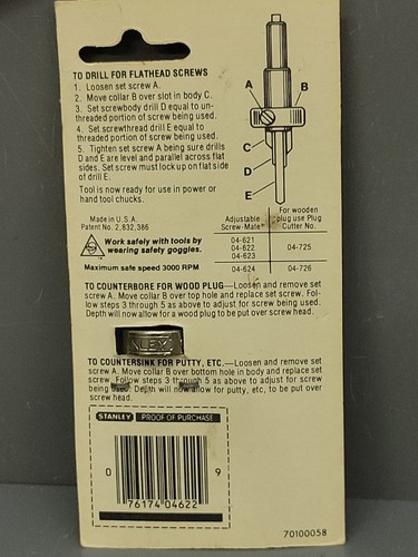 Stanley Adjustable Screw-Mate Drill #8 Screw 04-622 USA NOS Dated 1980 - Picture 8 of 10