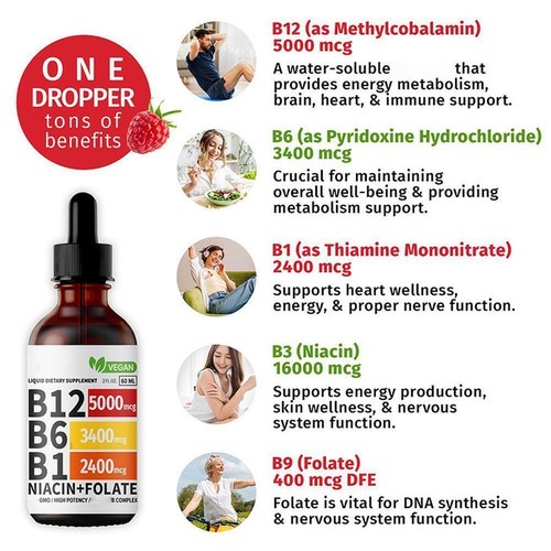 Vitamin B12 and B6 Liquid Drops, B12 Sublingual B Complex - B12 5000mcg 60ml - Picture 7 of 13