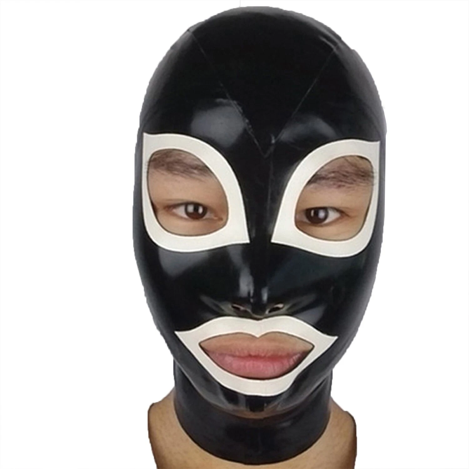 Unisex Latex Mask,Natural Rubber Hood,Back Zipper,White Trim