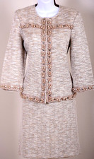 ST.JOHN Couture Women's Beige Metallic Silver Shimmer Beads Jacket Skirt Sz 8