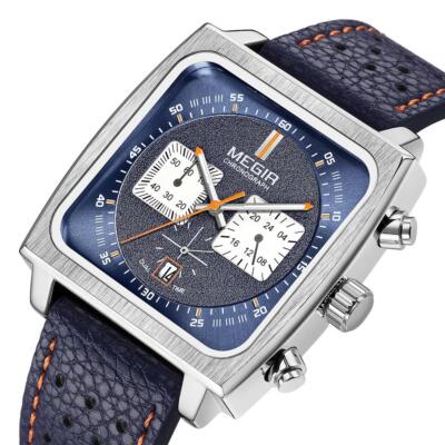 MEGIR Monaco Chronograph Calibre 12 Men's Luxury Quartz Leather Strap Watch BLUE