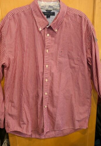Tommy Hilfiger Red and White Striped Colorful Button Up Dress Shirt Large