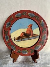 hand painted wood plate Norwegian round red folk art Rosemaling
