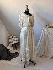 Antique Edwardian 1900s Sheer Cream Ivory Silk Wedding Dress Fringe Womens Small