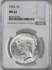 1922-P  $1 PEACE SILVER DOLLAR  "PHILADELPHIA MINT"  NGC MS62 #8678139-059
