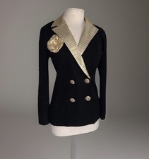Vtg St.John Marie Gray Knit Blazer   Black w/Gold Removable Collar  Flower - 6