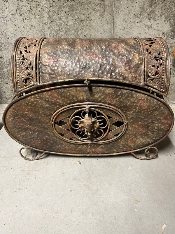 Vintage Ornate Hammered Metal Elephant Chest – Boho Fireplace Decor