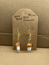 Brown & White Glass Mushroom Dangle Earrings Gold Plated Handcrafted
