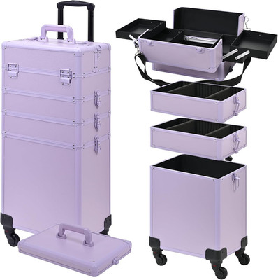 Rolling Makeup Case, Makeup Train Case with Lid, 5 in 1 Cosmetology Case on Whee