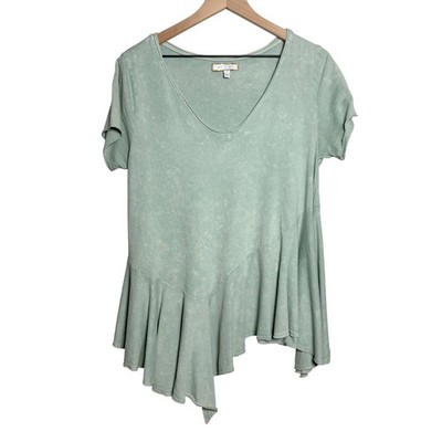 Eri + Ali Womens Knit Top S Green V-Neck Shirt Cotton Boho Grunge