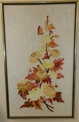 VTG 60S 70S CREWEL ART BUTTERFLY FLOWER 19''X31'' WOOD FRAMED MID CENTURY KITSCH