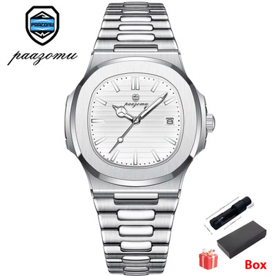 Paazomu Uhr Wasserdicht Leucht Edelstahl Uhr Datum Woche Casual Quarz Armbanduhr