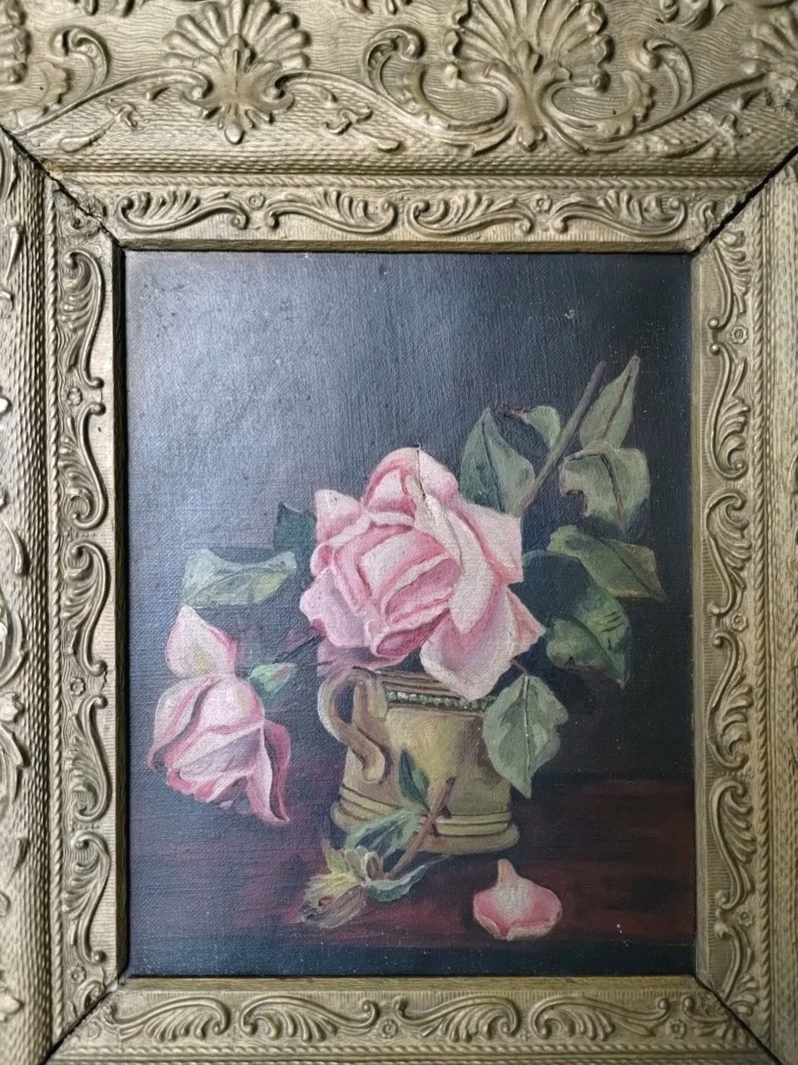 「Pink Rose」テンペラ画 Antique Oil Painting Impressionist PINK ROSES Still Life Ornate