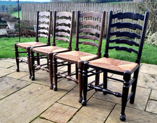Set of 4 Vintage Carved Oak Ladder Back Rush Seat Kitchen Dining Chairs