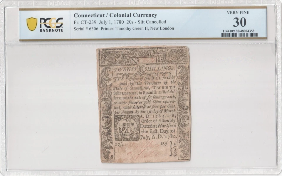 Connecticut Colonial Currency 20 Shillings FR# CT-239 July 1, 1780 PCGS VF 30 - Image 3 of 4