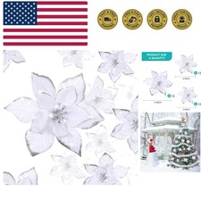 36 Pcs 3 Size Christmas Poinsettia Christmas Tree Flowers Glitter Faux Flower...