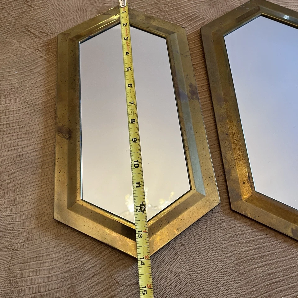 Pair Wall Mirror Brass Patina Hexagon, 2 Hexagonal, Vintage 14x7”, Small Decor - Image 4 of 4