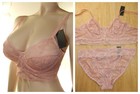 NWT SENSUAL SEMI SHEER EMBROIDERED LACE BRA +HIPTER BIKINI 2 PC SET 34-42D DD