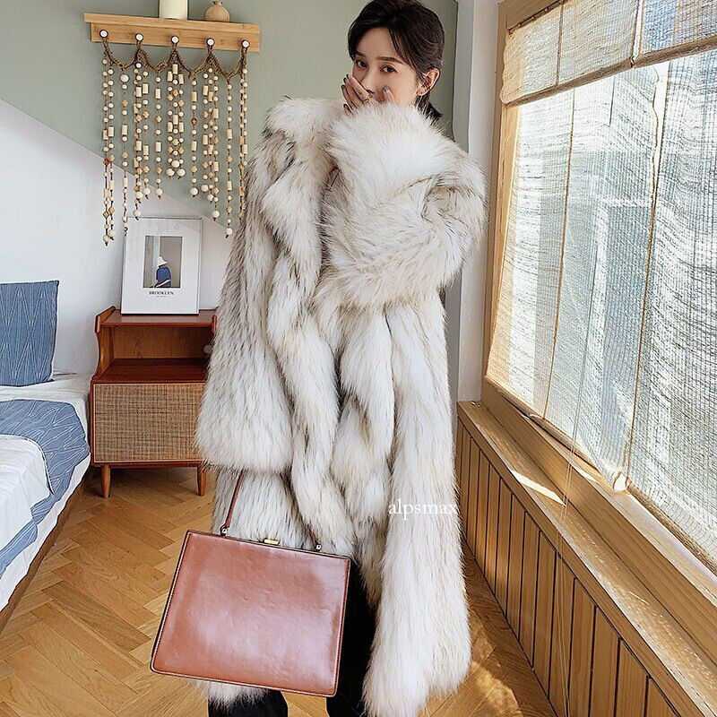 Womens Winter New Raccoon Fur Grass Coat Long Warm Woven Fox Fur
